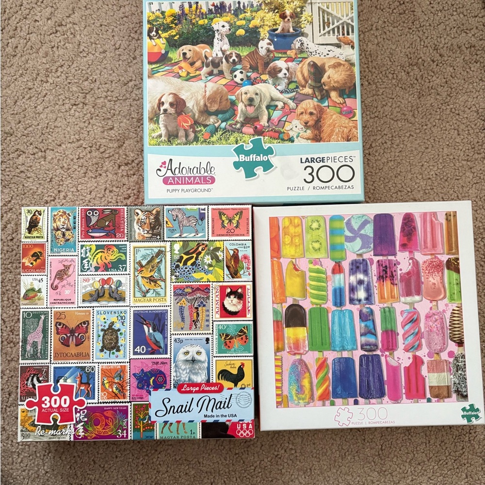 3 300 pieces jigsaw puzzles Buffalo  Puppy Playground/Popsicles/Snail Mail